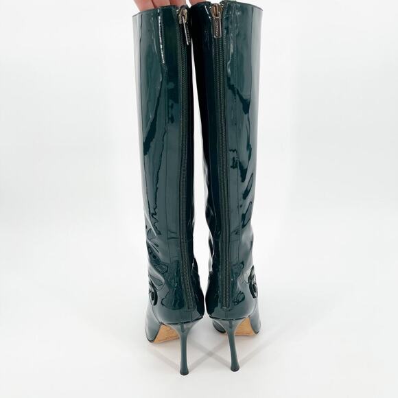 Retro Jimmy Choo Bottle Green Patent Leather Knee High Pointed Toe Boot IT 39.5 - Picture 5 of 11